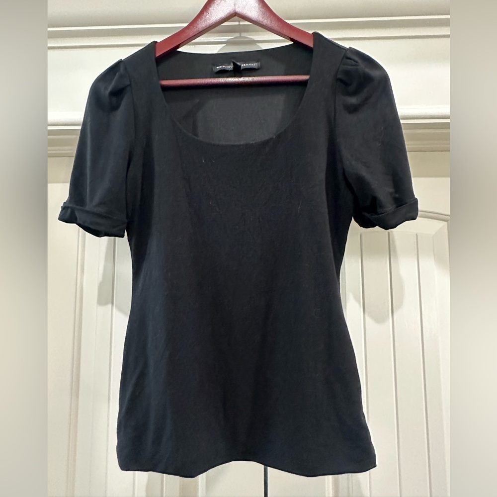 White House Black Market Black Scoop Neck Blouse | XS Puff Sleeve Lined Top